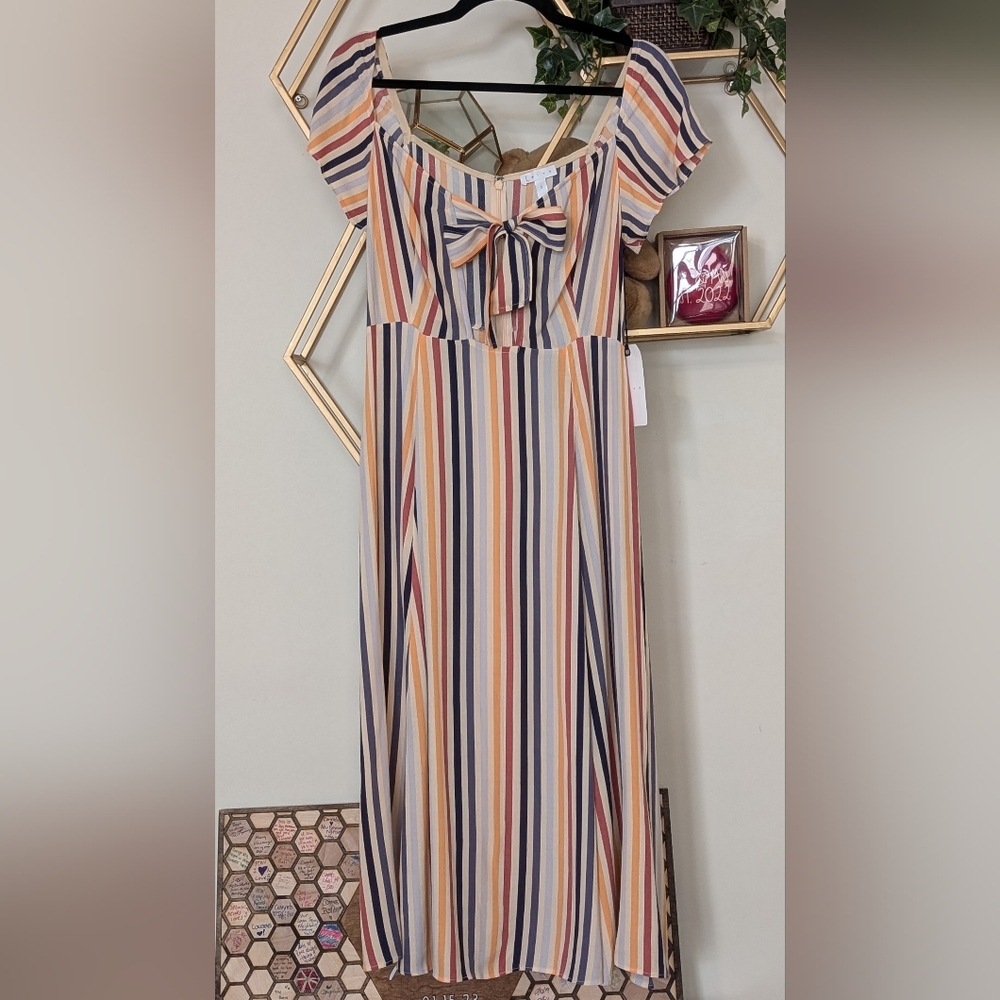 Leith Nordstrom Cream Striped Cutout Midi Dress Small